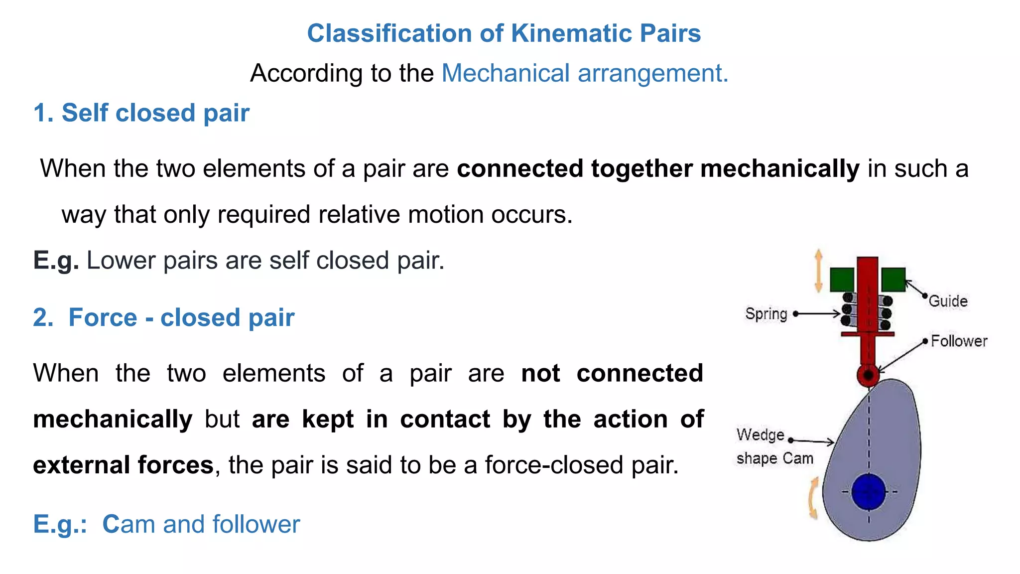According to the Mechanical arrangement.
1. Self closed pair
When the two elements of a pair are connected together mechanically in such a
way that only required relative motion occurs.
E.g. Lower pairs are self closed pair.
2. Force - closed pair
When the two elements of a pair are not connected
mechanically but are kept in contact by the action of
external forces, the pair is said to be a force-closed pair.
E.g.: Cam and follower
Classification of Kinematic Pairs
 