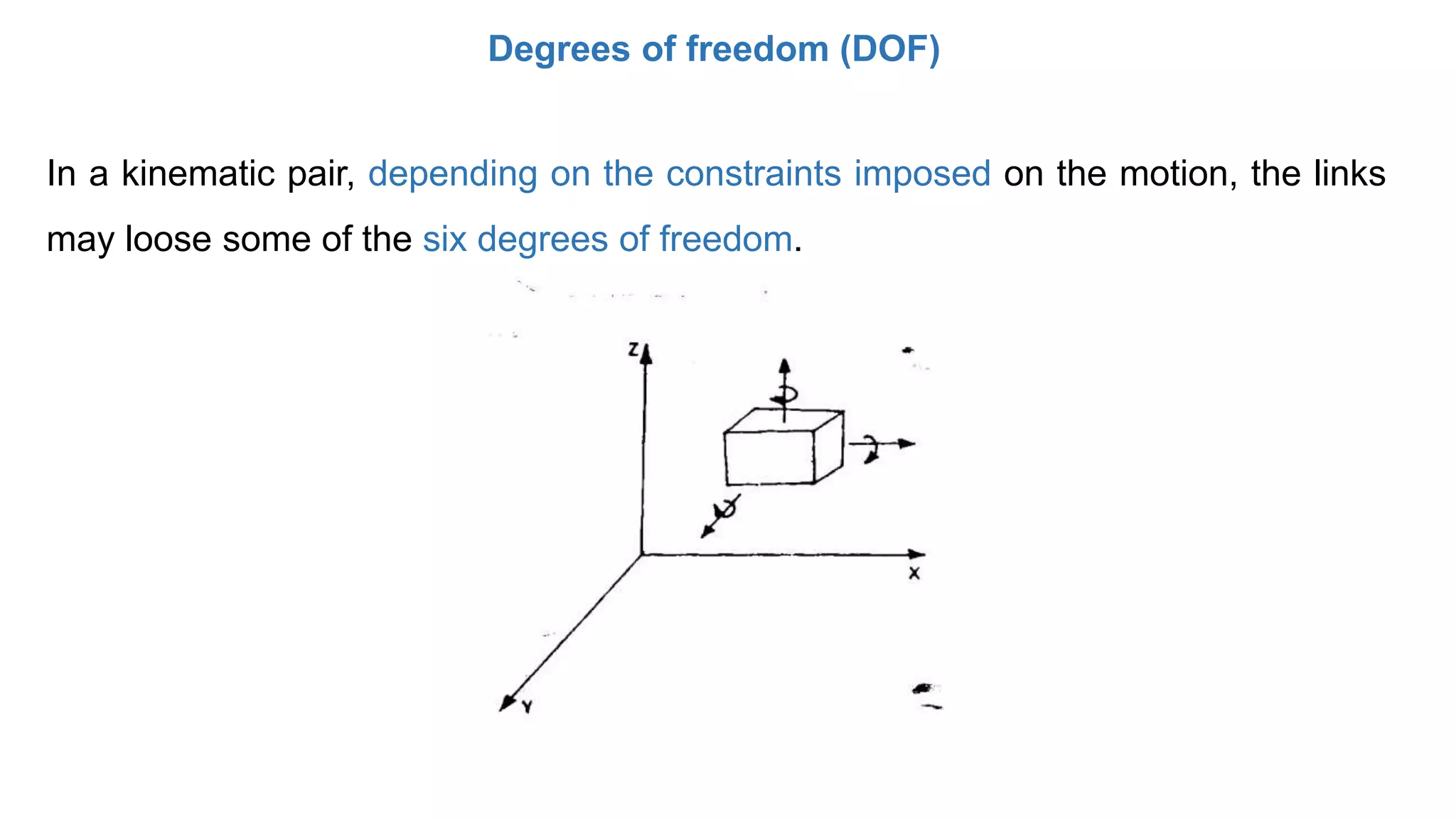 Degrees of freedom (DOF)
In a kinematic pair, depending on the constraints imposed on the motion, the links
may loose some of the six degrees of freedom.
 