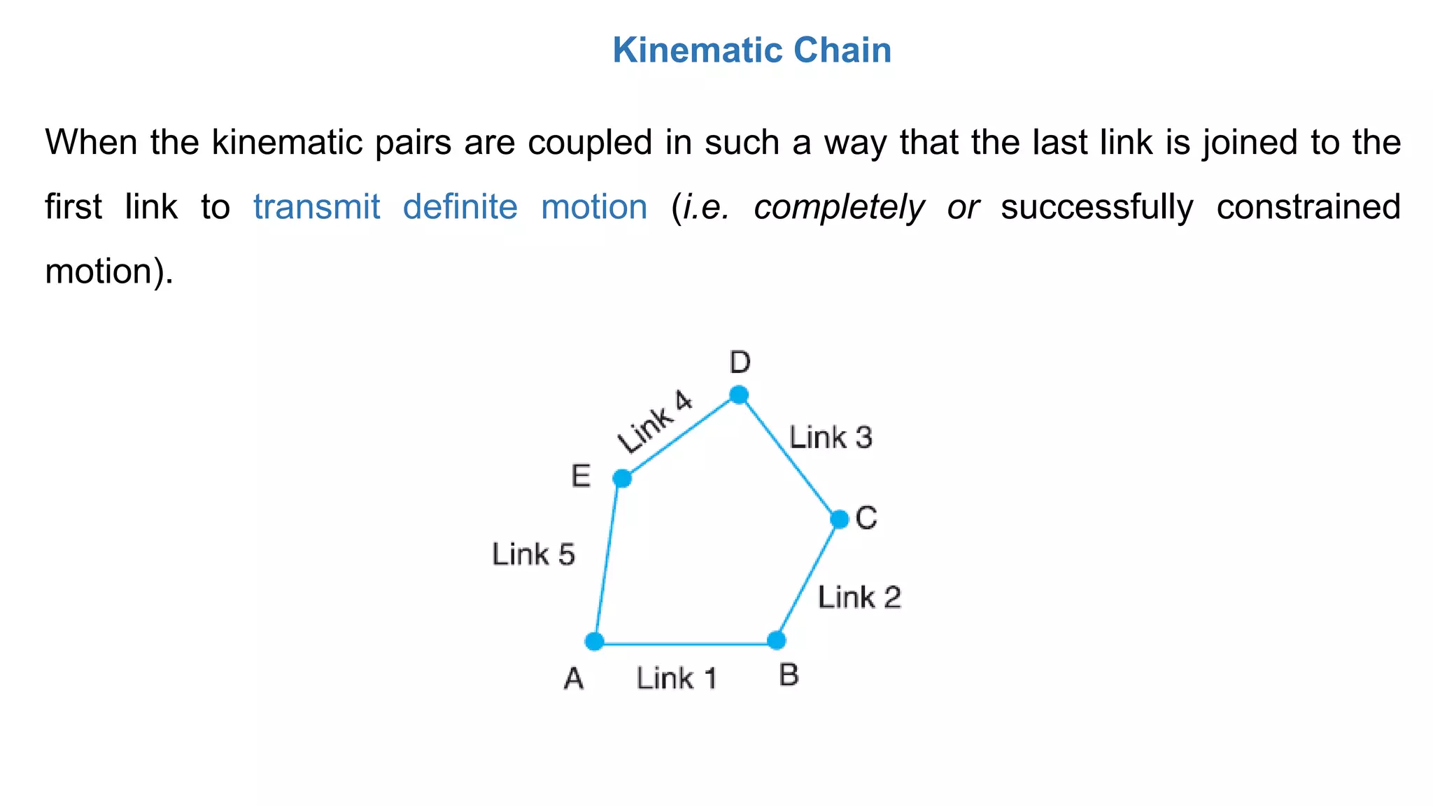 Kinematic Chain
When the kinematic pairs are coupled in such a way that the last link is joined to the
first link to transmit definite motion (i.e. completely or successfully constrained
motion).
 