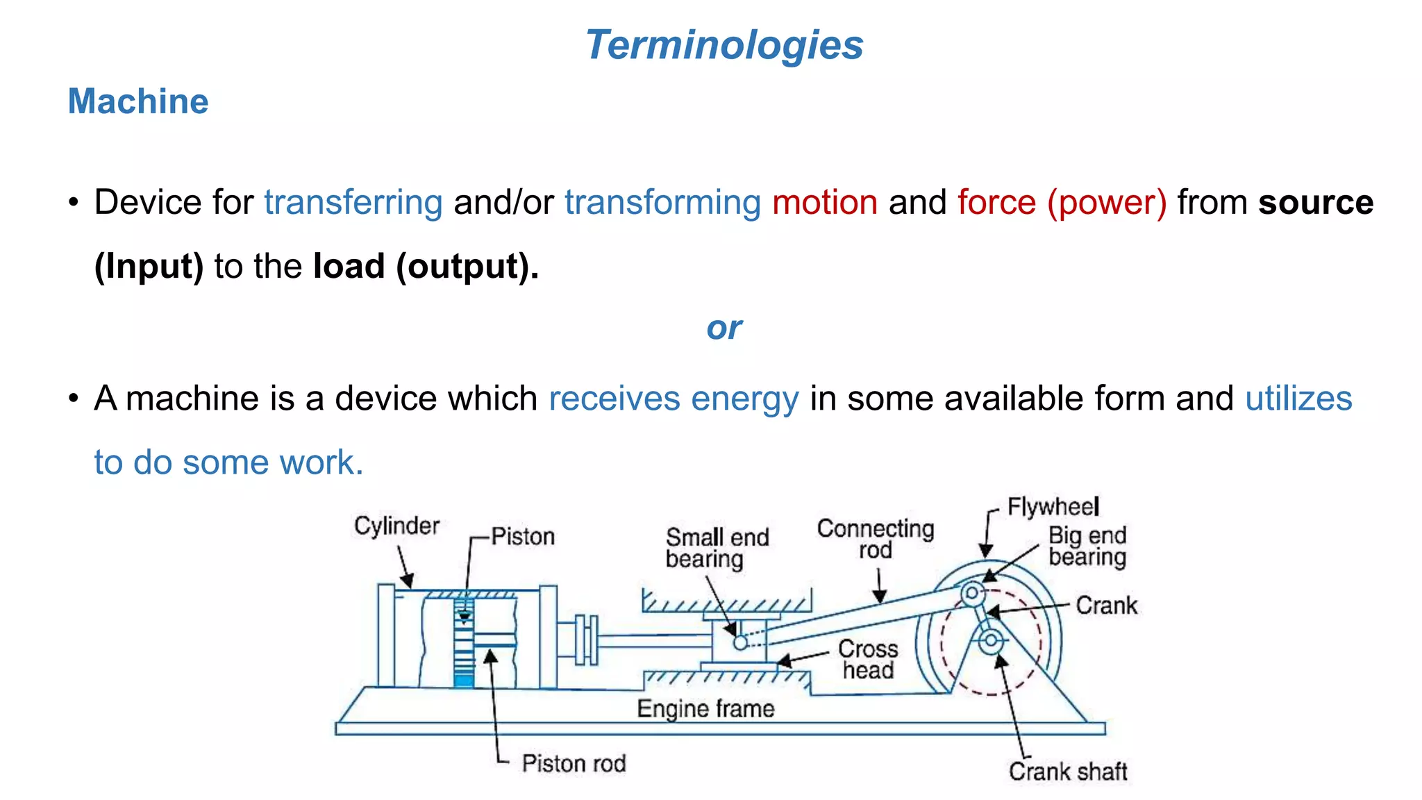 Terminologies
Machine
• Device for transferring and/or transforming motion and force (power) from source
(Input) to the load (output).
or
• A machine is a device which receives energy in some available form and utilizes
to do some work.
 