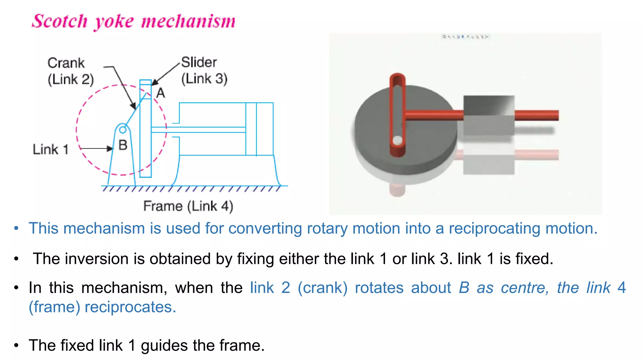 • This mechanism is used for converting rotary motion into a reciprocating motion.
• The inversion is obtained by fixing either the link 1 or link 3. link 1 is fixed.
• In this mechanism, when the link 2 (crank) rotates about B as centre, the link 4
(frame) reciprocates.
• The fixed link 1 guides the frame.
 