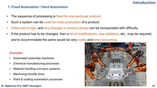 Introduction
• The sequence of processing is fixed for one particular product.
• Such a system can be used for mass production of a product.
• Initial cost is high, and any changes in product design can be incorporated with difficulty.
• If the product has to be changed, then a lot of modifications, new additions, etc., may be required,
and to accommodate the same would be very costly and time-consuming.
1. Fixed Automation / Hard Automation
Examples
• Automated assembly machines
• Chemical manufacturing processes
• Material handling conveyor systems
• Machining transfer lines
• Paint & coating automation processes
Dr. Rajakumar D G, GMIT, Davangere 10
 