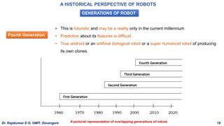 A HISTORICAL PERSPECTIVE OF ROBOTS
GENERATIONS OF ROBOT
Fourth Generation
• This is futuristic and may be a reality only in the current millennium
• Prediction about its features is difficult
• True android or an artificial biological robot or a super humanoid robot of producing
its own clones.
A pictorial representation of overlapping generations of robots
Dr. Rajakumar D G, GMIT, Davangere 18
 