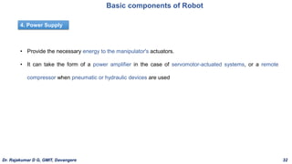 Basic components of Robot
4. Power Supply
• Provide the necessary energy to the manipulator's actuators.
• It can take the form of a power amplifier in the case of servomotor-actuated systems, or a remote
compressor when pneumatic or hydraulic devices are used
Dr. Rajakumar D G, GMIT, Davangere 32
 