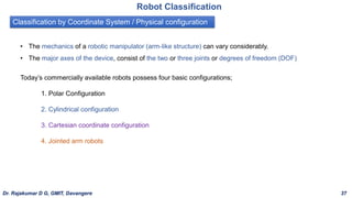 Classification by Coordinate System / Physical configuration
Robot Classification
• The mechanics of a robotic manipulator (arm-like structure) can vary considerably.
• The major axes of the device, consist of the two or three joints or degrees of freedom (DOF)
Today’s commercially available robots possess four basic configurations;
1. Polar Configuration
2. Cylindrical configuration
3. Cartesian coordinate configuration
4. Jointed arm robots
Dr. Rajakumar D G, GMIT, Davangere 37
 