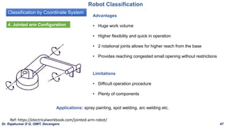 Classification by Coordinate System
Robot Classification
Advantages
• Huge work volume
• Higher flexibility and quick in operation
• 2 rotational joints allows for higher reach from the base
• Provides reaching congested small opening without restrictions
Applications: spray painting, spot welding, arc welding etc.
Limitations
• Difficult operation procedure
• Plenty of components
Ref: https://electricalworkbook.com/jointed-arm-robot/
4. Jointed arm Configuration
Dr. Rajakumar D G, GMIT, Davangere 47
 