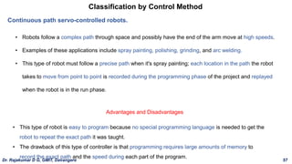Classification by Control Method
Continuous path servo-controlled robots.
• Robots follow a complex path through space and possibly have the end of the arm move at high speeds.
• Examples of these applications include spray painting, polishing, grinding, and arc welding.
• This type of robot must follow a precise path when it's spray painting; each location in the path the robot
takes to move from point to point is recorded during the programming phase of the project and replayed
when the robot is in the run phase.
• This type of robot is easy to program because no special programming language is needed to get the
robot to repeat the exact path it was taught.
• The drawback of this type of controller is that programming requires large amounts of memory to
record the exact path and the speed during each part of the program.
Advantages and Disadvantages
Dr. Rajakumar D G, GMIT, Davangere 57
 