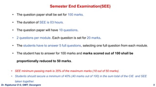 Semester End Examination(SEE)
• The question paper shall be set for 100 marks.
• The duration of SEE is 03 hours.
• The question paper will have 10 questions.
• 2 questions per module. Each question is set for 20 marks.
• The students have to answer 5 full questions, selecting one full question from each module.
• The student has to answer for 100 marks and marks scored out of 100 shall be
proportionally reduced to 50 marks.
• SEE minimum passing mark is 35% of the maximum marks (18 out of 50 marks).
• Students should secure a minimum of 40% (40 marks out of 100) in the sum total of the CIE and SEE
taken together.
Dr. Rajakumar D G, GMIT, Davangere 5
 