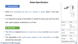 Robot Specification
1. Repeatability
• Ability of a manipulator to return to a position in space where it had been
previously.
• It is measured by going to that position in exactly the same way (over the same
path, speed, payload, acceleration) no. of times.
• The difference between the point a robot tries to achieve and the actual resultant
position.
• The repeatability is the cycle-to-cycle variation of the manipulator’s arm when
aimed at the same point.
2. Accuracy
Dr. Rajakumar D G, GMIT, Davangere 59
 