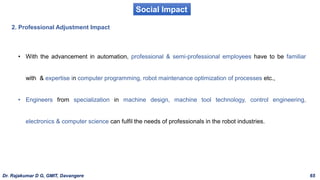 Social Impact
2. Professional Adjustment Impact
• With the advancement in automation, professional & semi-professional employees have to be familiar
with & expertise in computer programming, robot maintenance optimization of processes etc.,
• Engineers from specialization in machine design, machine tool technology, control engineering,
electronics & computer science can fulfil the needs of professionals in the robot industries.
Dr. Rajakumar D G, GMIT, Davangere 65
 
