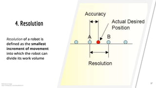 4. Resolution
Resolution of a robot is
defined as the smallest
increment of movement
into which the robot can
divide its work volume
17
Reference image
https://slideplayer.com/slide/6854012/
 