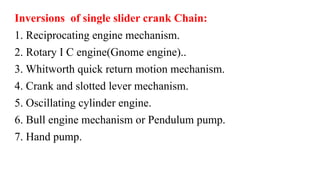 Inversions of single slider crank Chain:
1. Reciprocating engine mechanism.
2. Rotary I C engine(Gnome engine)..
3. Whitworth quick return motion mechanism.
4. Crank and slotted lever mechanism.
5. Oscillating cylinder engine.
6. Bull engine mechanism or Pendulum pump.
7. Hand pump.
 