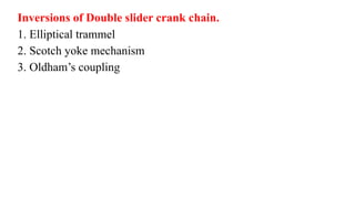 Inversions of Double slider crank chain.
1. Elliptical trammel
2. Scotch yoke mechanism
3. Oldham’s coupling
 