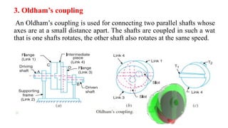 3. Oldham’s coupling
An Oldham’s coupling is used for connecting two parallel shafts whose
axes are at a small distance apart. The shafts are coupled in such a wat
that is one shafts rotates, the other shaft also rotates at the same speed.
 
