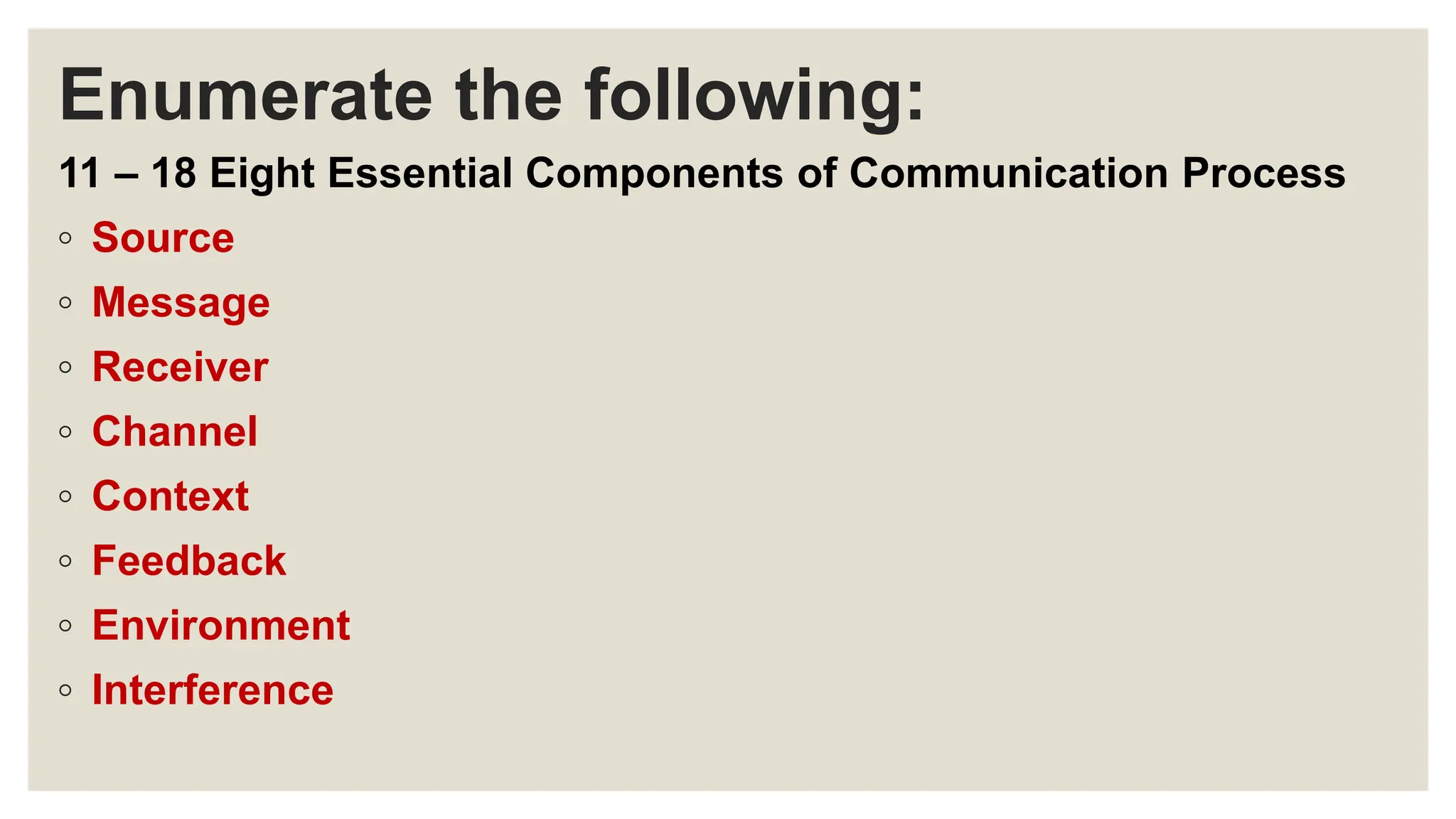 Enumerate the following:
11 – 18 Eight Essential Components of Communication Process
◦ Source
◦ Message
◦ Receiver
◦ Channel
◦ Context
◦ Feedback
◦ Environment
◦ Interference
 
