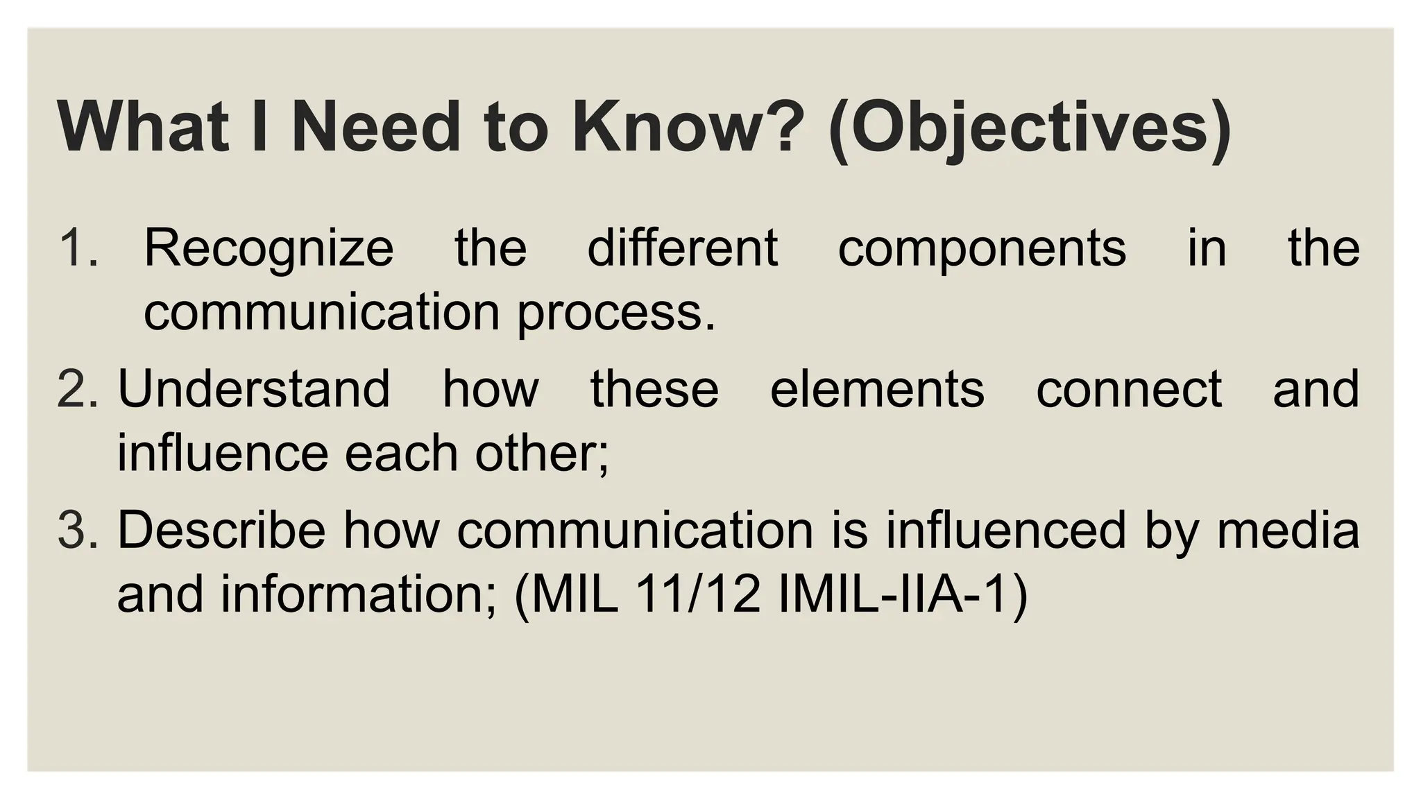 What I Need to Know? (Objectives)
1. Recognize the different components in the
communication process.
2. Understand how these elements connect and
influence each other;
3. Describe how communication is influenced by media
and information; (MIL 11/12 IMIL-IIA-1)
 