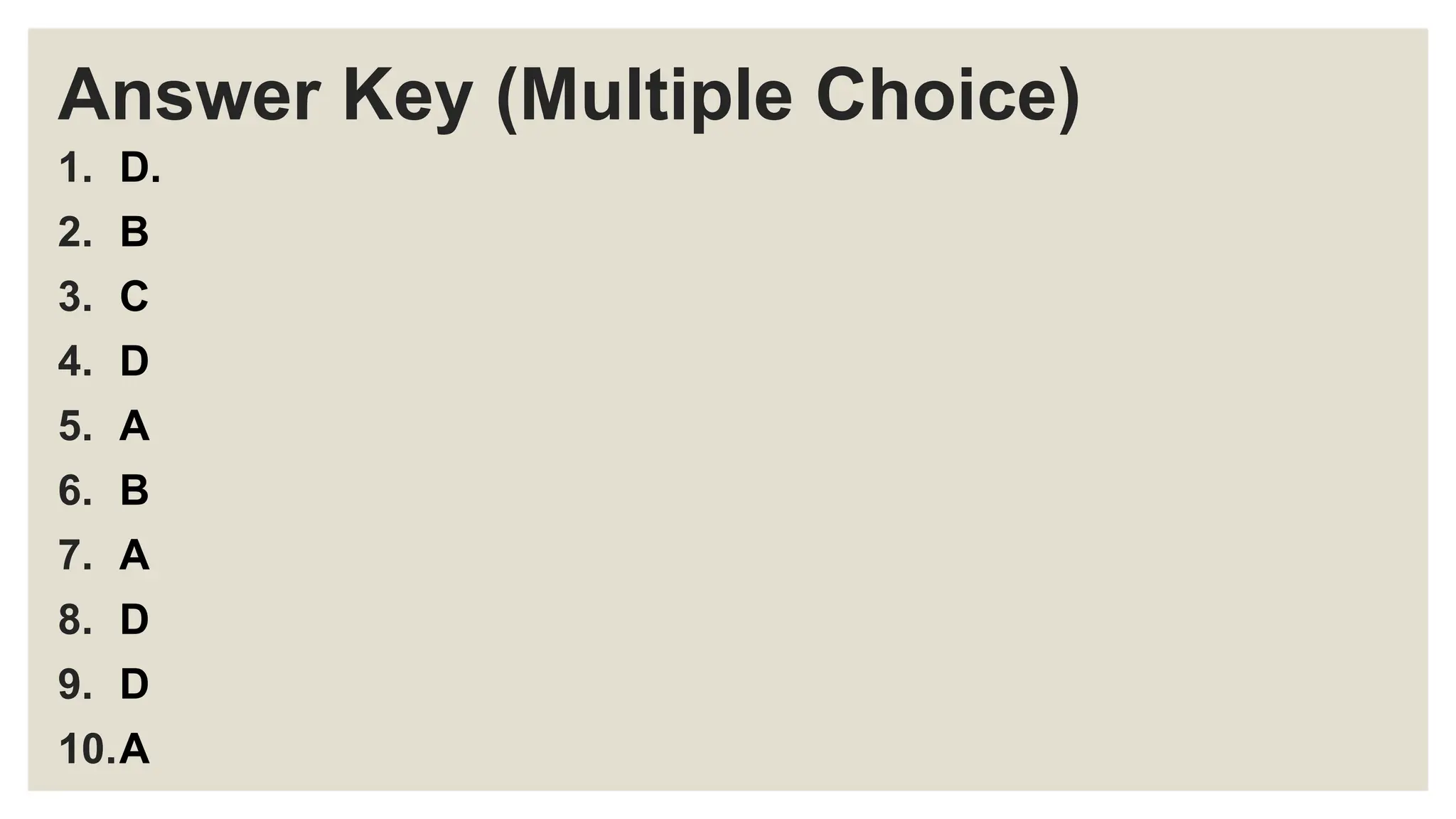 Answer Key (Multiple Choice)
1. D.
2. B
3. C
4. D
5. A
6. B
7. A
8. D
9. D
10.A
 