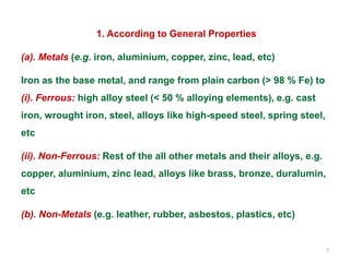7
1. According to General Properties
(a). Metals (e.g. iron, aluminium, copper, zinc, lead, etc)
Iron as the base metal, and range from plain carbon (> 98 % Fe) to
(i). Ferrous: high alloy steel (< 50 % alloying elements), e.g. cast
iron, wrought iron, steel, alloys like high-speed steel, spring steel,
etc
(ii). Non-Ferrous: Rest of the all other metals and their alloys, e.g.
copper, aluminium, zinc lead, alloys like brass, bronze, duralumin,
etc
(b). Non-Metals (e.g. leather, rubber, asbestos, plastics, etc)
 