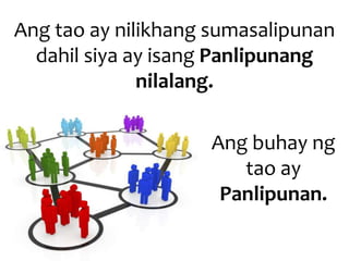 Ang tao ay nilikhang sumasalipunan
dahil siya ay isang Panlipunang
nilalang.
Ang buhay ng
tao ay
Panlipunan.
 