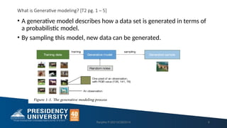 What is Generative modeling? [T2 pg. 1 – 5]
• A generative model describes how a data set is generated in terms of
a probabilistic model.
• By sampling this model, new data can be generated.
Ranjitha P-20213CSE0014 6
 