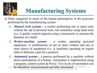 ©2008 Pearson Education, Inc., Upper Saddle River, NJ. All rights reserved. This material is protected under all copyright laws as they currently exist.
No portion of this material may be reproduced, in any form or by any means, without permission in writing from the publisher. For the exclusive use of adopters of the book
Automation, Production Systems, and Computer-Integrated Manufacturing, Third Edition, by Mikell P. Groover. 23
Manufacturing Systems
 Three categories in terms of the human participation in the processes
performed by the manufacturing system:
1. Manual work systems - a worker performing one or more tasks
without the aid of powered tools, but sometimes using hand tools
(i.e. A quality control inspector using a micrometer to measure the
diameter of a shaft)
2. Worker-machine systems - a worker operating powered
equipment. A combinations of one or more workers and one or
more pieces of equipment (i.e. A machinist operating an engine
lathe to fabricate a part for a product)
3. Automated systems - a process performed by a machine without
direct participation of a human. Automation is implemented using
a program, control system & Power. Two levels of automation can
be identified: semiautomated and fully automated.
 