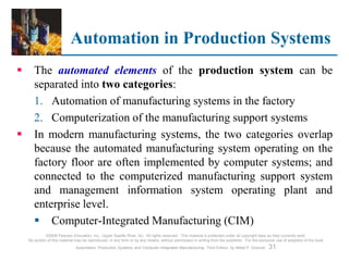 ©2008 Pearson Education, Inc., Upper Saddle River, NJ. All rights reserved. This material is protected under all copyright laws as they currently exist.
No portion of this material may be reproduced, in any form or by any means, without permission in writing from the publisher. For the exclusive use of adopters of the book
Automation, Production Systems, and Computer-Integrated Manufacturing, Third Edition, by Mikell P. Groover. 31
Automation in Production Systems
 The automated elements of the production system can be
separated into two categories:
1. Automation of manufacturing systems in the factory
2. Computerization of the manufacturing support systems
 In modern manufacturing systems, the two categories overlap
because the automated manufacturing system operating on the
factory floor are often implemented by computer systems; and
connected to the computerized manufacturing support system
and management information system operating plant and
enterprise level.
 Computer-Integrated Manufacturing (CIM)
 