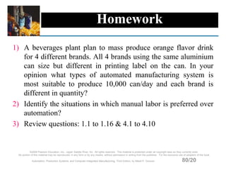 Homework
1) A beverages plant plan to mass produce orange flavor drink
for 4 different brands. All 4 brands using the same aluminium
can size but different in printing label on the can. In your
opinion what types of automated manufacturing system is
most suitable to produce 10,000 can/day and each brand is
different in quantity?
2) Identify the situations in which manual labor is preferred over
automation?
3) Review questions: 1.1 to 1.16 & 4.1 to 4.10
©2008 Pearson Education, Inc., Upper Saddle River, NJ. All rights reserved. This material is protected under all copyright laws as they currently exist.
No portion of this material may be reproduced, in any form or by any means, without permission in writing from the publisher. For the exclusive use of adopters of the book
Automation, Production Systems, and Computer-Integrated Manufacturing, Third Edition, by Mikell P. Groover. 80/20
 