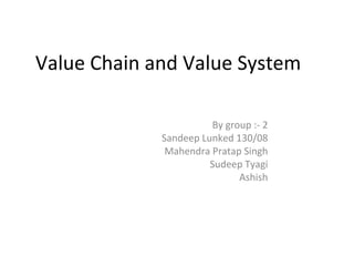 Value Chain and Value System

                       By group :- 2
             Sandeep Lunked 130/08
              Mahendra Pratap Singh
                       Sudeep Tyagi
                             Ashish
 