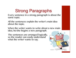 Strong Paragraphs
Every sentence in a strong paragraph is about the
same topic.
All the sentences explain the writer’s main idea
about the topic.
When the writer wants to write about a new main
idea, he/she begins a new paragraph.
The sentences are arranged logically,
so the reader can easily understand
what the writer wants to say.
 