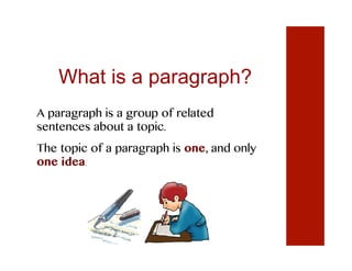 What is a paragraph?
A paragraph is a group of related
sentences about a topic.
The topic of a paragraph is one, and only
one idea.
 