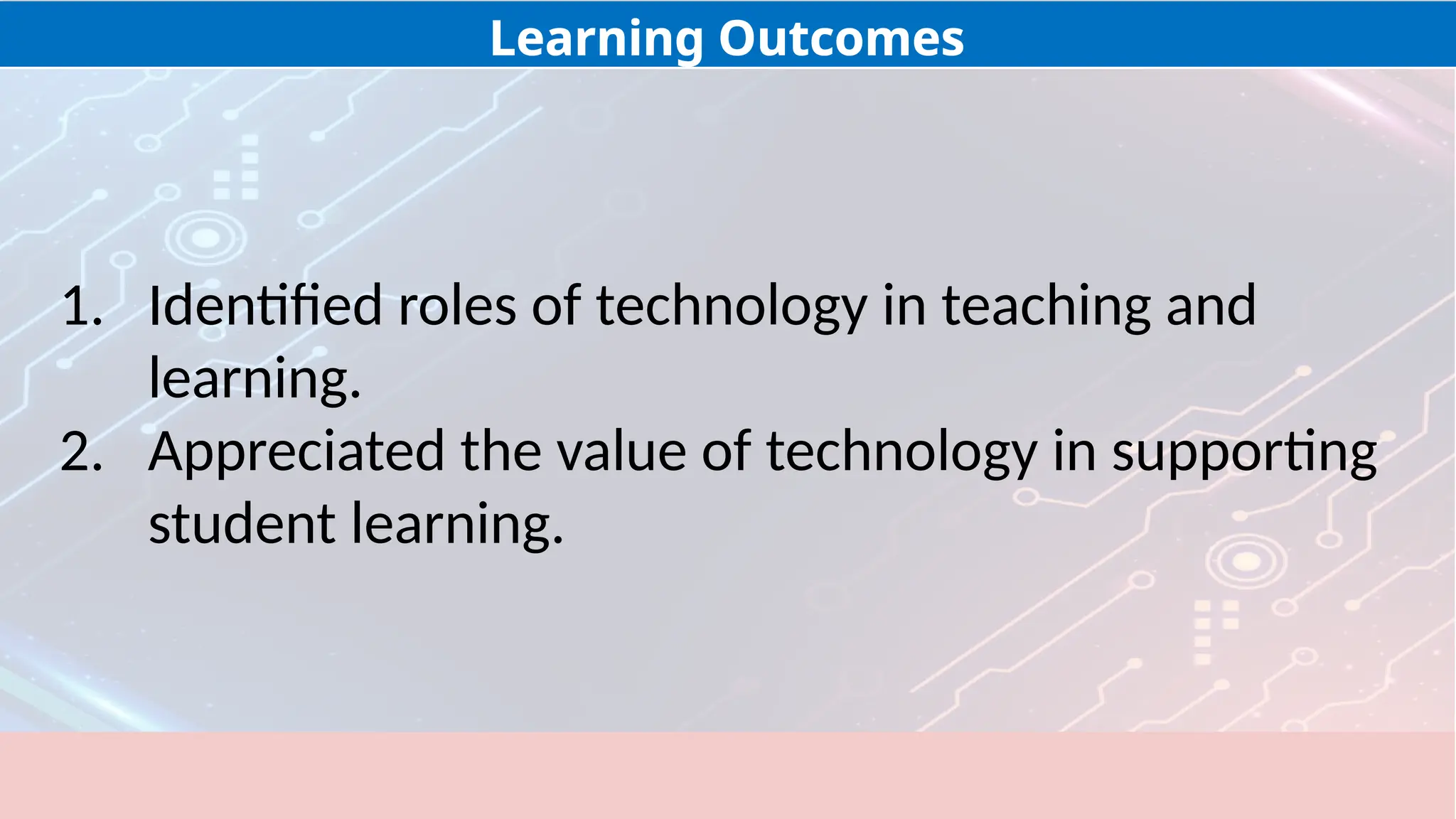 Learning Outcomes
1. Identified roles of technology in teaching and
learning.
2. Appreciated the value of technology in supporting
student learning.
 