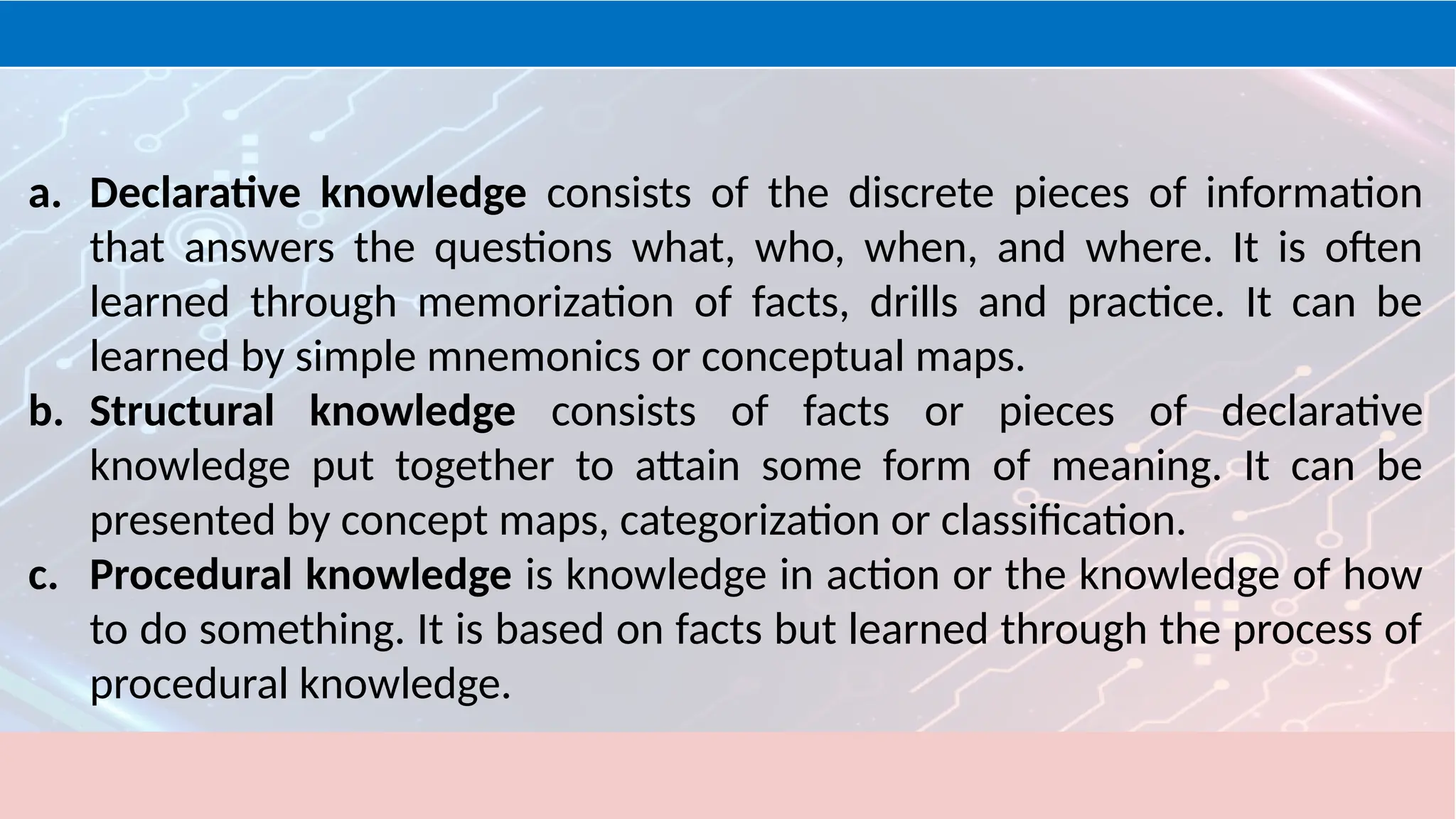 a. Declarative knowledge consists of the discrete pieces of information
that answers the questions what, who, when, and where. It is often
learned through memorization of facts, drills and practice. It can be
learned by simple mnemonics or conceptual maps.
b. Structural knowledge consists of facts or pieces of declarative
knowledge put together to attain some form of meaning. It can be
presented by concept maps, categorization or classification.
c. Procedural knowledge is knowledge in action or the knowledge of how
to do something. It is based on facts but learned through the process of
procedural knowledge.
 