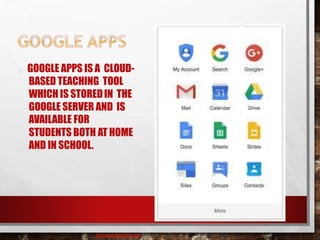 GOOGLE APPS IS A CLOUD-
BASED TEACHING TOOL
WHICH IS STOREDIN THE
GOOGLE SERVER AND IS
AVAILABLE FOR
STUDENTS BOTH ATHOME
AND IN SCHOOL.
baisaguira@gmail.com
 