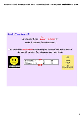 Module 1 Lesson 12 INTRO From Ratio Tables to Double Line Diagrams.notebook 
8 
September 30, 2014 
Step 8 – Your Answer!!!! 
It will take Katie minutes to 
make 8 rainbow loom bracelets. 
This answer is reasonable because it falls between the two ratios on 
the double number line diagram and ratio table. 
 