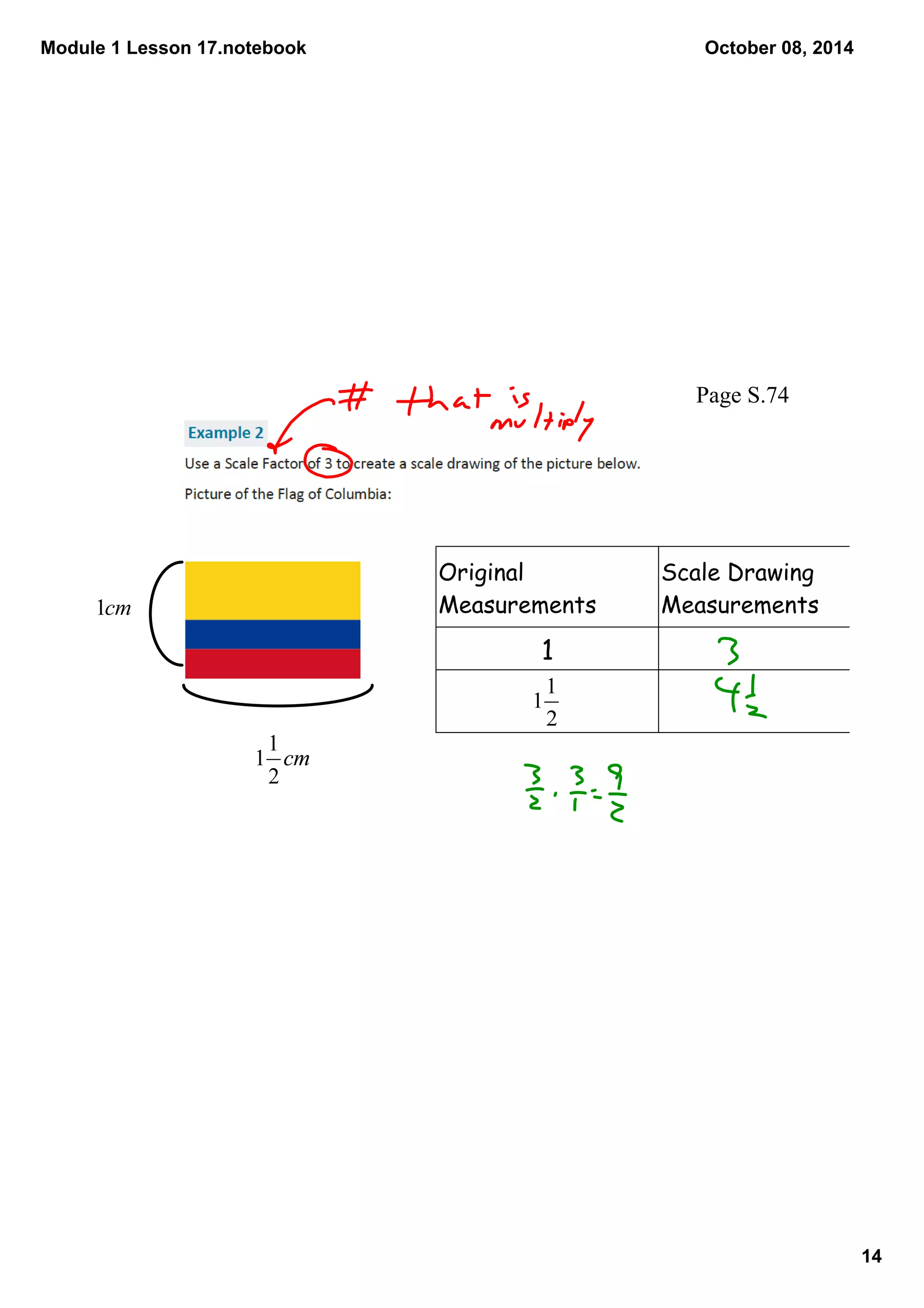 Module 1 Lesson 17.notebook 
14 
October 08, 2014 
Page S.74 
Original 
Measurements 
Scale Drawing 
Measurements 
1 
 