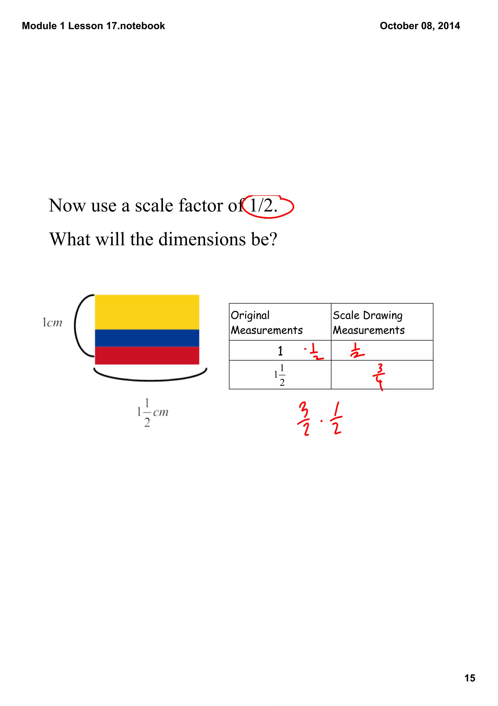 Module 1 Lesson 17.notebook 
15 
October 08, 2014 
Now use a scale factor of 1/2. 
What will the dimensions be? 
Original 
Measurements 
Scale Drawing 
Measurements 
1 
 