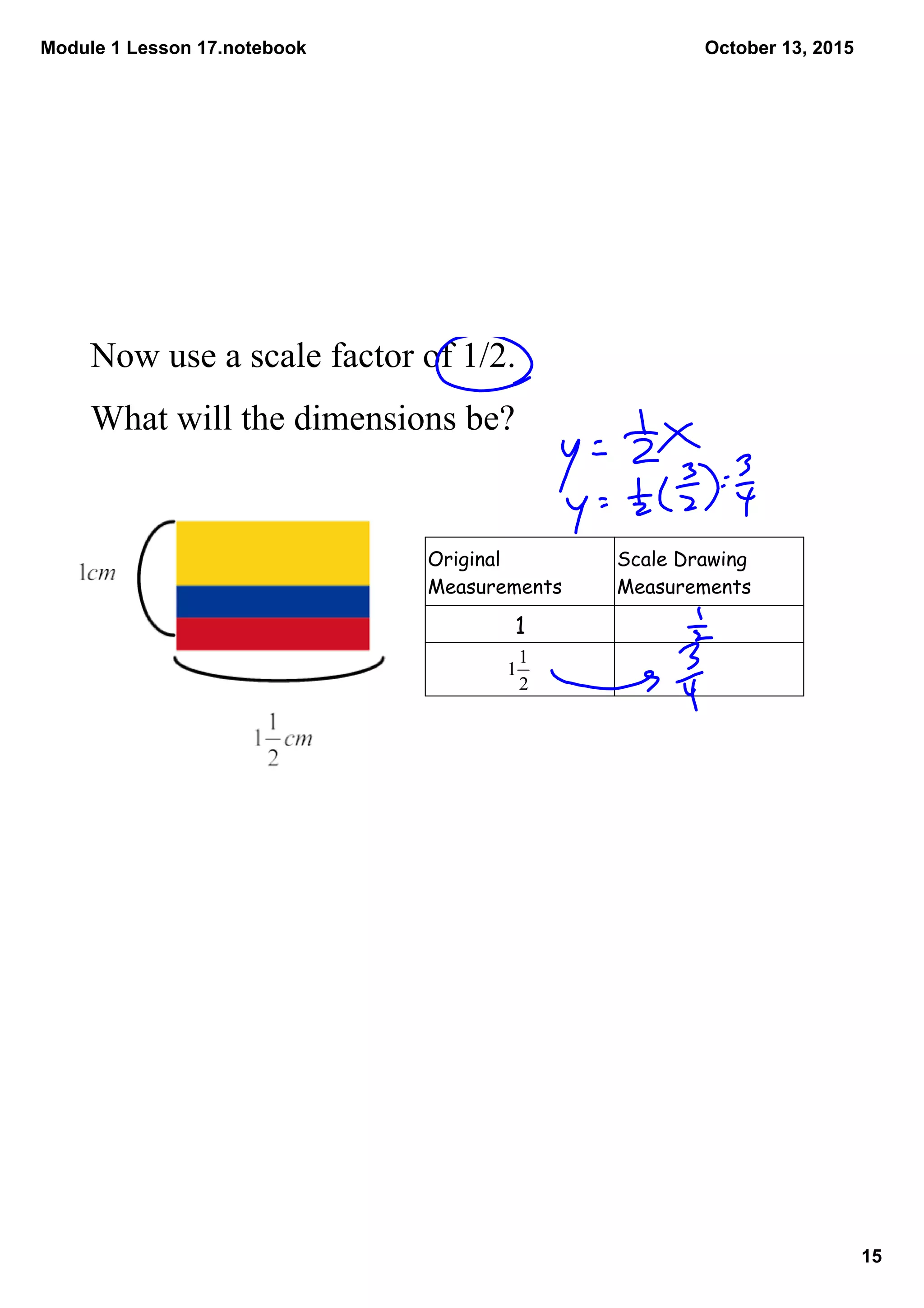 Module 1 Lesson 17.notebook
15
October 13, 2015
Now use a scale factor of 1/2.
What will the dimensions be?
Original
Measurements
Scale Drawing
Measurements
1
 