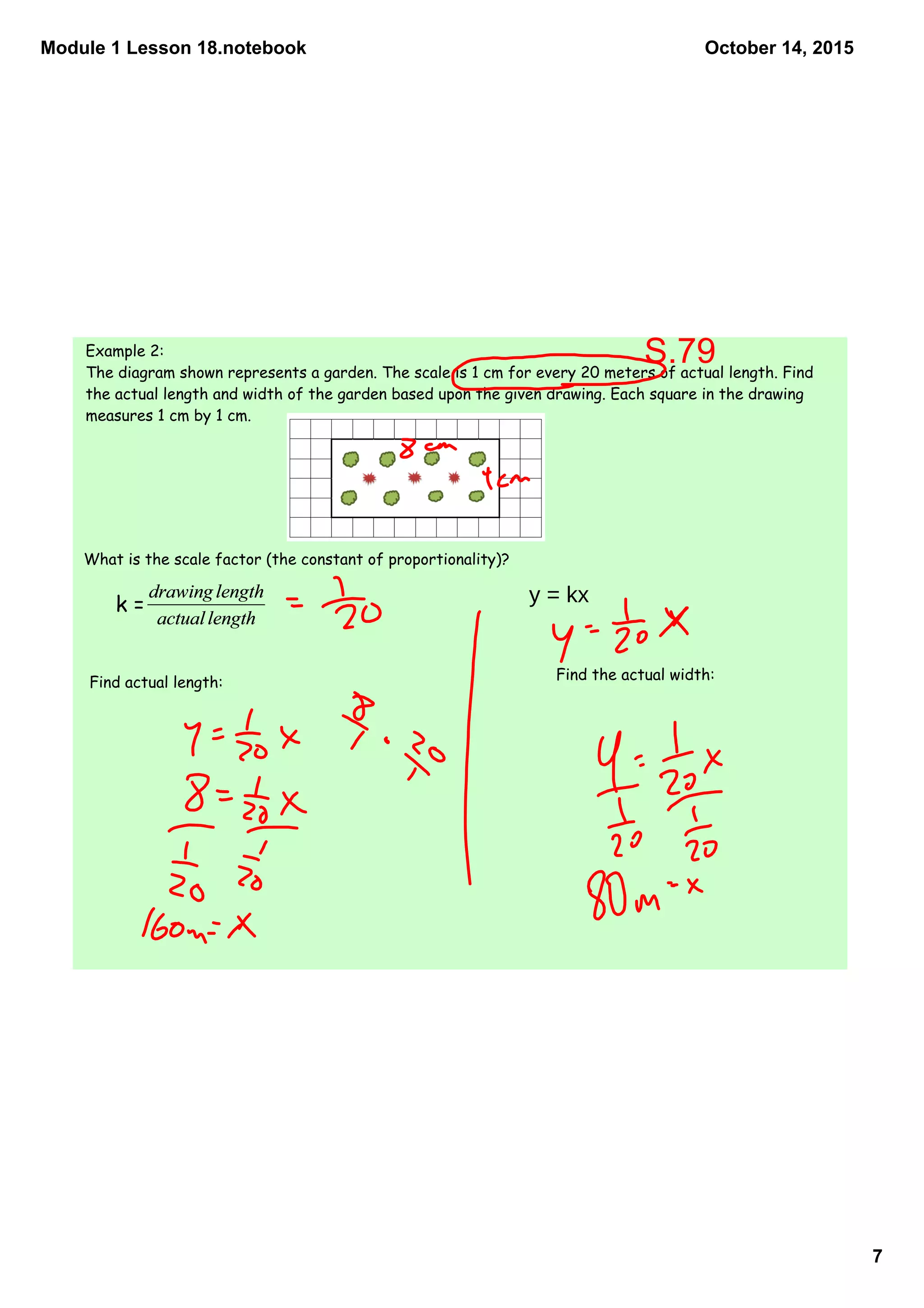 Module 1 Lesson 18.notebook
7
October 14, 2015
Example 2:
The diagram shown represents a garden. The scale is 1 cm for every 20 meters of actual length. Find
the actual length and width of the garden based upon the given drawing. Each square in the drawing
measures 1 cm by 1 cm.
What is the scale factor (the constant of proportionality)?
Find actual length: Find the actual width:
k =
S.79
y = kx
 