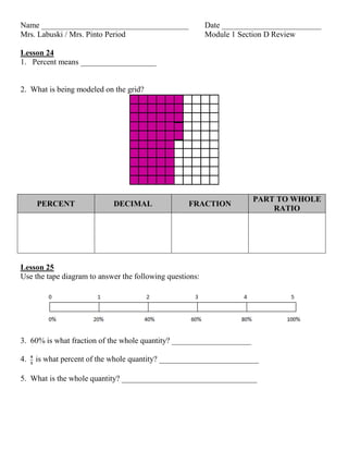Name _____________________________________ Date _________________________ 
Mrs. Labuski / Mrs. Pinto Period Module 1 Section D Review 
Lesson 24 
1. Percent means ___________________ 
2. What is being modeled on the grid? 
PERCENT DECIMAL FRACTION PART TO WHOLE RATIO 
Lesson 25 
Use the tape diagram to answer the following questions: 
3. 60% is what fraction of the whole quantity? ____________________ 
4. is what percent of the whole quantity? _________________________ 
5. What is the whole quantity? __________________________________ 
 