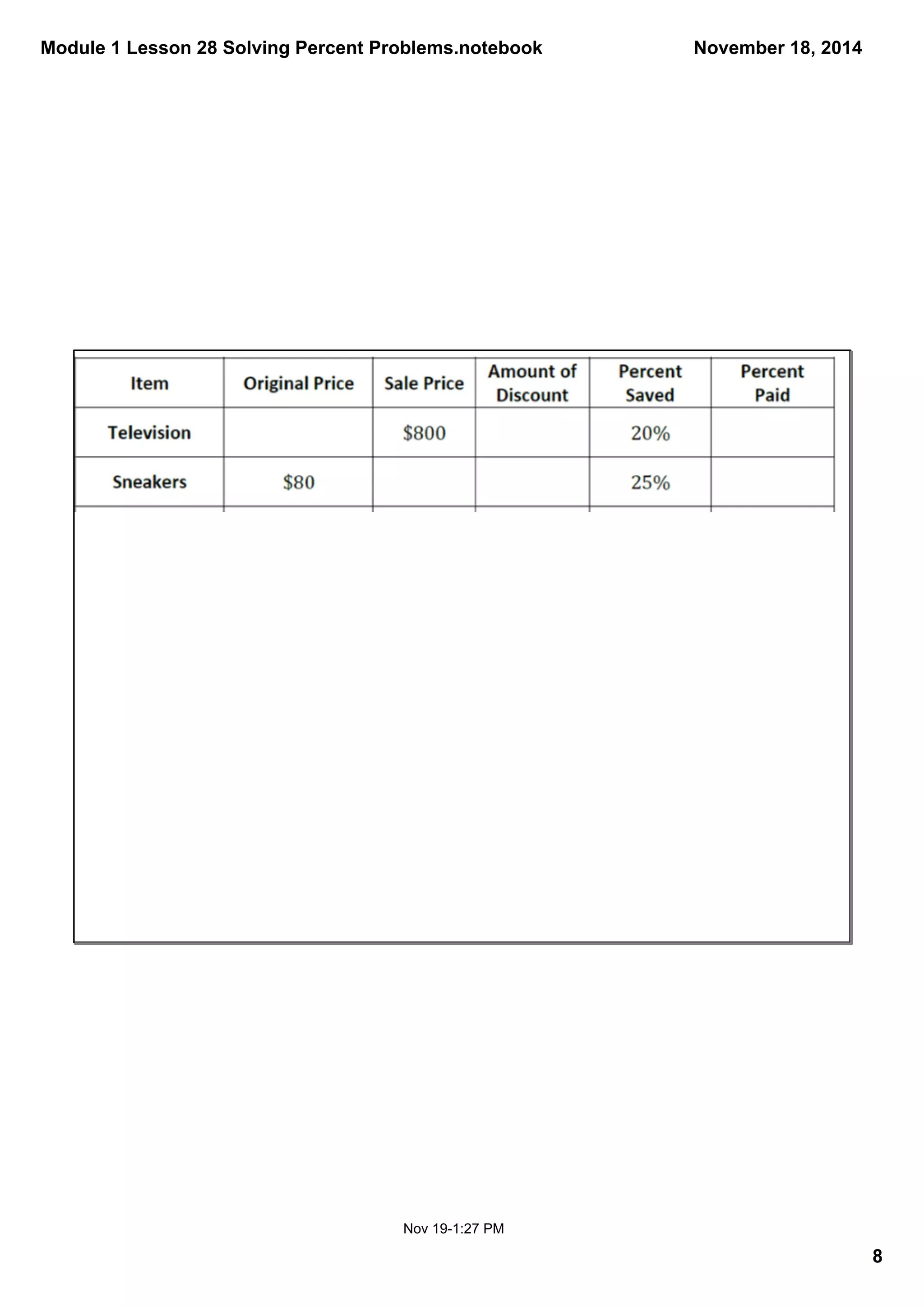Module 1 Lesson 28 Solving Percent Problems.notebook 
8 
November 18, 2014 
Nov 19­1: 
27 PM 
 
