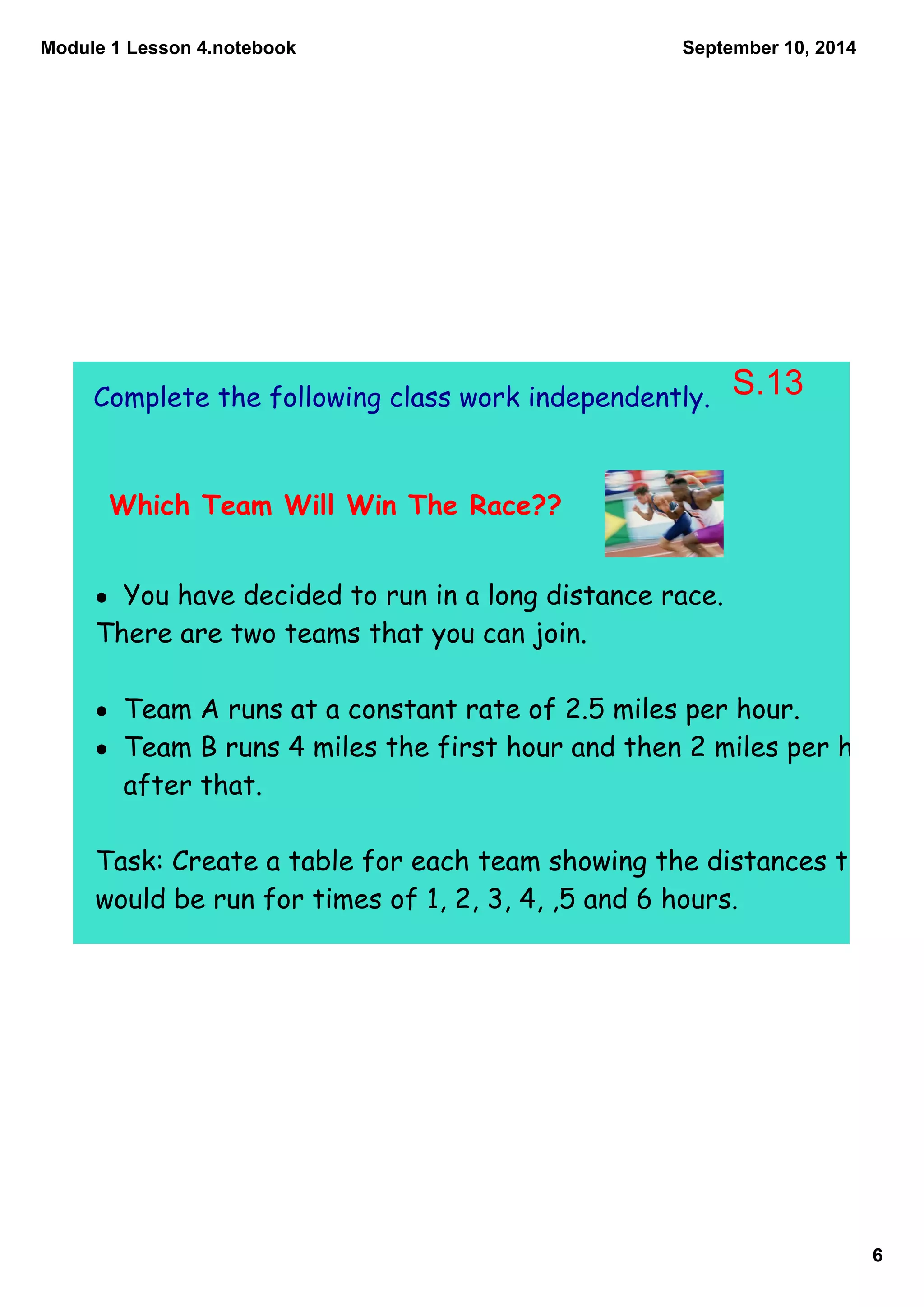 Module 1 Lesson 4.notebook 
6 
September 10, 2014 
Complete the following class work independently. 
Which Team Will Win The Race?? 
· You have decided to run in a long distance race. 
There are two teams that you can join. 
S.13 
· Team A runs at a constant rate of 2.5 miles per hour. 
· Team B runs 4 miles the first hour and then 2 miles per hour 
after that. 
Task: Create a table for each team showing the distances that 
would be run for times of 1, 2, 3, 4, ,5 and 6 hours. 
 