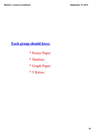 Module 1 Lesson 6.notebook 
10 
September 12, 2014 
Each group should have: 
* Poster Paper 
* Markers 
* Graph Paper 
* 5...