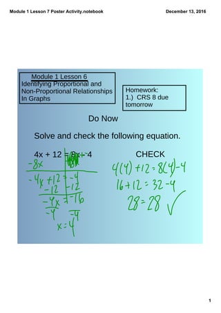 Module 1 Lesson 7 Poster Activity.notebook
1
December 13, 2016
Module 1 Lesson 6
Identifying Proportional and
Non-Proportional Relationships
In Graphs
Homework:
1.) CRS 8 due
tomorrow
Do Now
Solve and check the following equation.
4x + 12 = 8x - 4 CHECK
 