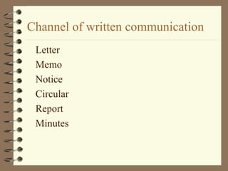 Channel of written communication
 Letter
 Memo
 Notice
 Circular
 Report
 Minutes
 