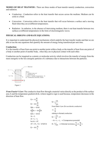 MODES OF HEAT TRANSFER : There are three modes of heat transfer namely conduction, convection
and radiation.
• Conduction : Conduction refers to the heat transfer that occurs across the medium. Medium can be
solid or a fluid.
• Convection : Convection refers to the heat transfer that will occur between a surface and a moving
fluid when they are at different temperatures.
• Radiation : In radiation, in the absence of intervening medium, there is net heat transfer between two
surfaces at different temperatures in the form of electromagnetic waves.
PHYSICAL ORIGINS AND RATE EQUATIONS:
It is important to understand the physical mechanisms which underlie the heat transfer modes and that we are
able to use the rate equations that quantify the amount of energy being transferred per unit time.
Conduction:
It is the transfer of heat from one point to another point within a body or the transfer of heat from one point of
a body to another point of another body , when they are in physical contact with each other.
Conduction can be imagined as a atomic or molecular activity which involves the transfer of energy from the
more energetic to the less energetic particles of a substance due to interactions between the particles.
From Fourier’s Law: The conductive heat flow through a material varies directly as the product of the surface
area A and the temperature gradient dt/dx. (where negative sign is used because, temperature decreases in the
direction of heat flow.
L
t
kA
Q
Kelvin
in
)
T
-
T
(
T
T
t
but
t
t
t
L
x
t
kA
x
Q
dt
kA
dx
Q
kAdt
Qdx
dx
dt
kA
Q
dx
dt
A
-
Q
1
2
1
2

−
=
=


=

−
=

=


−
=

−
=
−
=
−
=

 
)
W
K
or
W
C
,
resistance
(thermal
3
kA
L
R
potential)
re
(temperatu
2
t
t
t
1
R
t
Q
conduction
thermal
to
relating
R
V
I
conductor)
electric
an
(For
Law
s
Ohm'
From
kA
L
t
Q
2
1


→
=
→
−
=

−
→

−
=
=

−
=
Figure 1
 