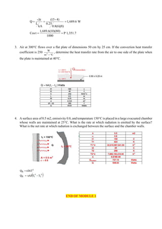 - t (15-4)
Q 1,689.6 W
L 0.25
kA 0.8(6)(8)
1,689.6(10)(80)
Cos t P 1,351.7
1000

= = =
= =
3. Air at 300C flows over a flat plate of dimensions 50 cm by 25 cm. If the convection heat transfer
coefficient is 250
C
m
W
2

−
, determine the heat transfer rate from the air to one side of the plate when
the plate is maintained at 40C.
4. A surface area of 0.5 m2, emissivity 0.8, and temperature 150C is placed in a large evacuated chamber
whose walls are maintained at 25C. What is the rate at which radiation is emitted by the surface?
What is the net rate at which radiation is exchanged between the surface and the chamber walls.
END OF MODULE 1
 