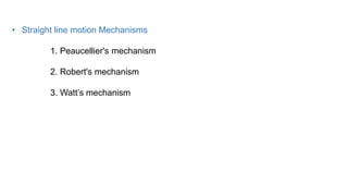 • Straight line motion Mechanisms
1. Peaucellier's mechanism
2. Robert's mechanism
3. Watt’s mechanism
 