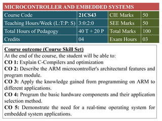 Course outcome (Course Skill Set)
At the end of the course, the student will be able to:
CO 1: Explain C-Compilers and optimization
CO 2: Describe the ARM microcontroller's architectural features and
program module.
CO 3: Apply the knowledge gained from programming on ARM to
different applications.
CO 4: Program the basic hardware components and their application
selection method.
CO 5: Demonstrate the need for a real-time operating system for
embedded system applications.
MICROCONTROLLER AND EMBEDDED SYSTEMS
Course Code 21CS43 CIE Marks 50
Teaching Hours/Week (L:T:P: S) 3:0:2:0 SEE Marks 50
Total Hours of Pedagogy 40 T + 20 P Total Marks 100
Credits 04 Exam Hours 03
 