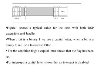 .
•Figure shows a typical value for the cpsr with both DSP
extensions and Jazelle.
•When a bit is a binary 1 we use a capital letter; when a bit is a
binary 0, we use a lowercase letter.
• For the condition ﬂags a capital letter shows that the ﬂag has been
set.
•For interrupts a capital letter shows that an interrupt is disabled.
 