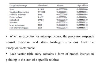 .
• When an exception or interrupt occurs, the processor suspends
normal execution and starts loading instructions from the
exception vector table
• Each vector table entry contains a form of branch instruction
pointing to the start of a specific routine:
 